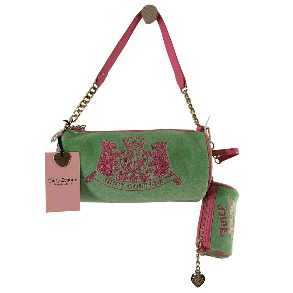 Juicy Couture Retro Green Pink Velour Scottie Dogs Barrel Satchel Bag NWT